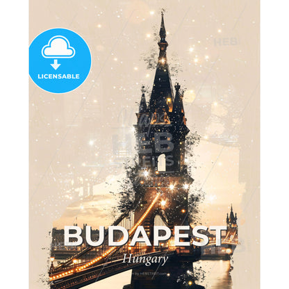 Budapest Skyline Double Exposure Composite Art - A bridge with a tower and a city in the background - Square format print template