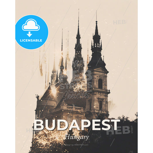 Budapest Double Exposure Cityscape Art Poster - A building with towers and fireworks - Square format print template