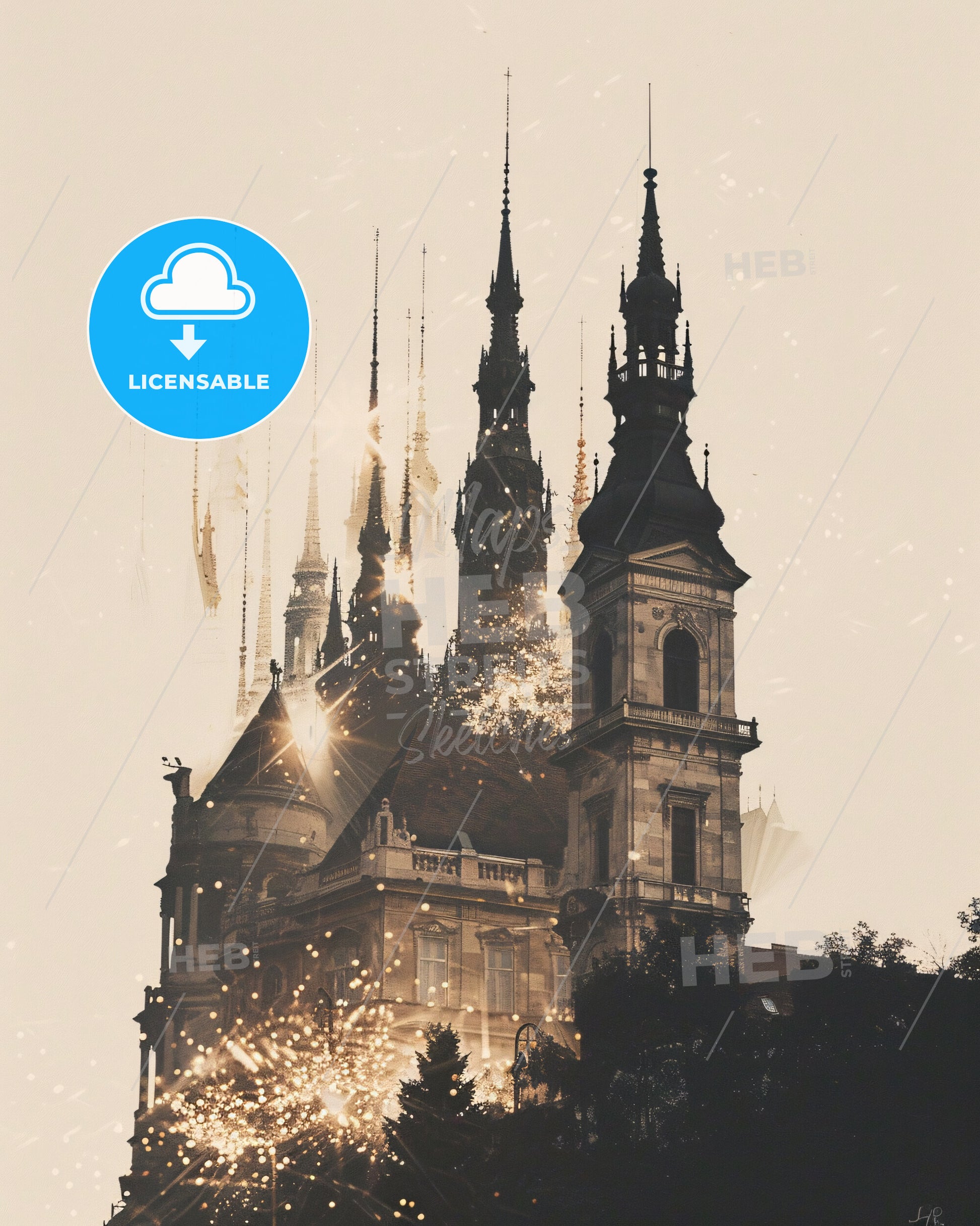 Budapest Double Exposure Cityscape Art Poster - A building with towers and fireworks