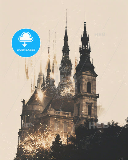 Budapest Double Exposure Cityscape Art Poster - A building with towers and fireworks