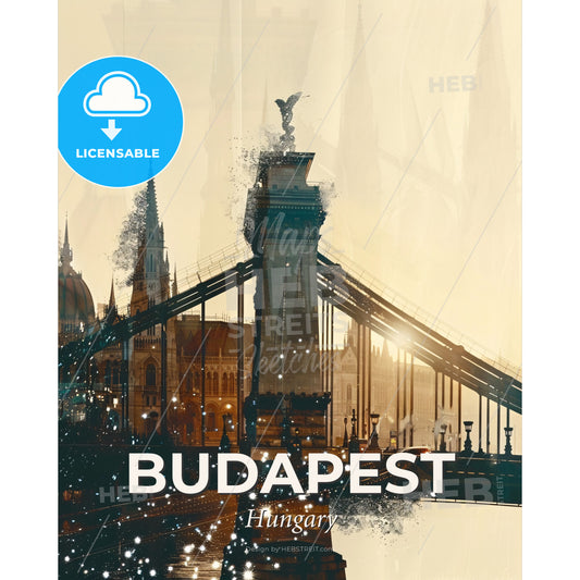 Budapest: Cityscape Sparkles on Beige - A bridge with a statue of a bird on top - Square format print template