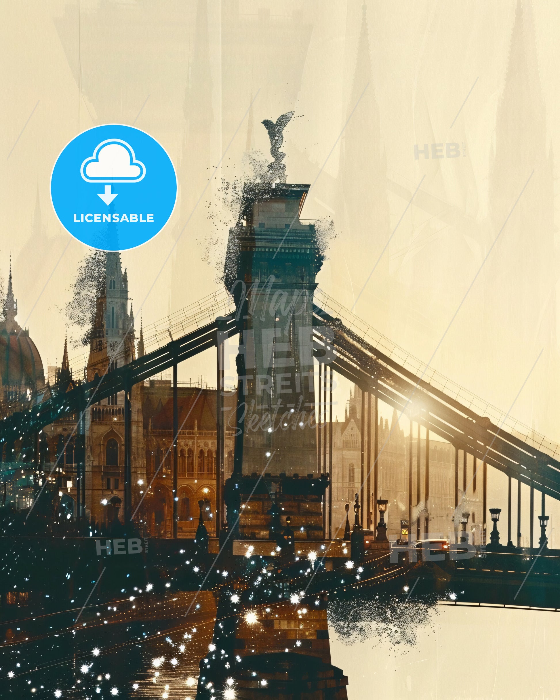 Budapest: Cityscape Sparkles on Beige - A bridge with a statue of a bird on top