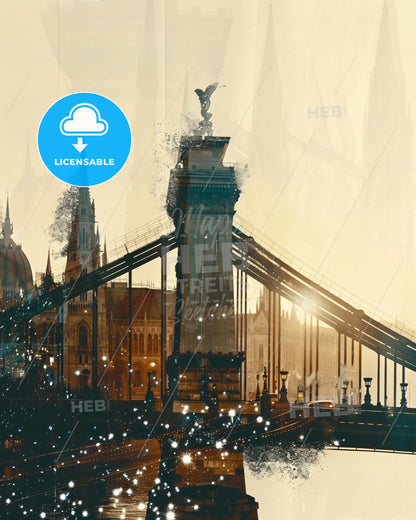 Budapest: Cityscape Sparkles on Beige - A bridge with a statue of a bird on top