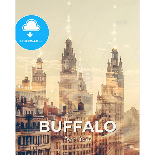 Buffalo City Skyline Double Exposure Poster Art - A city skyline with many tall buildings - Square format print template