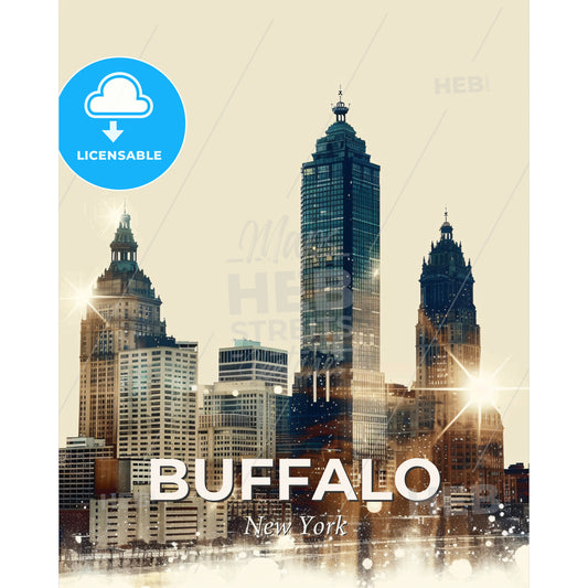 Buffalo Cityscape Sparkles Bright Beige Poster - A city skyline with many tall buildings - Square format print template