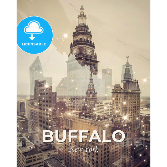 Buffalo Skyline Composite Art Glimmering Beige - A city with a clock tower - Square format print template