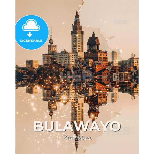 Bulawayo Skyline Double Exposure Art Poster - A city with many buildings reflected in water - Square format print template