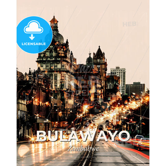 Bulawayo Skyline Double Exposure Art Poster - A street with cars and buildings in the background - Square format print template