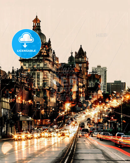 Bulawayo Skyline Double Exposure Art Poster - A street with cars and buildings in the background