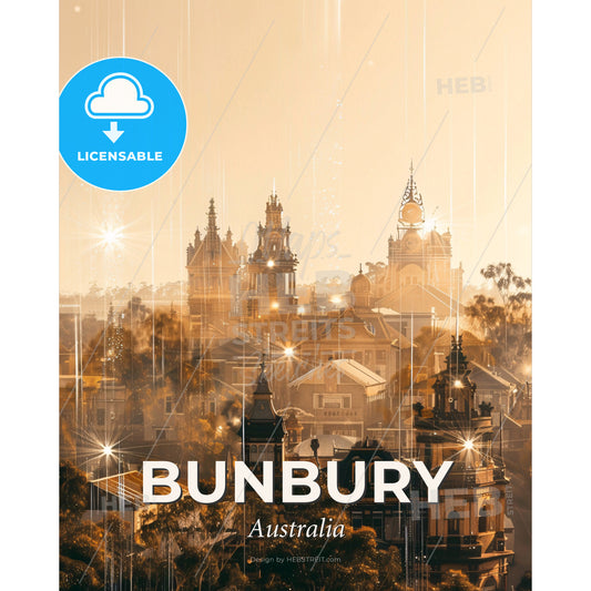 Bunbury Skyline Art: Double Exposure Cityscape - A city with many towers and trees - Square format print template