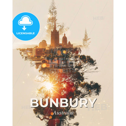 Bunbury City Skylines Double Exposure - A tree with a building and a building in the background - Square format print template