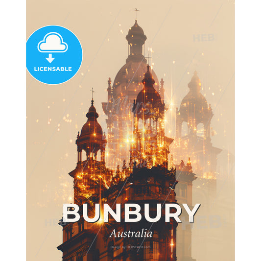 Bunbury Skyline Icons Sparking Art Poster - A building with a tower and a light - Square format print template