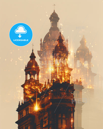 Bunbury Skyline Icons Sparking Art Poster - A building with a tower and a light