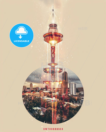 Bundaberg Skyline Double Exposure Composite Art - A tower with lights and a city in the background