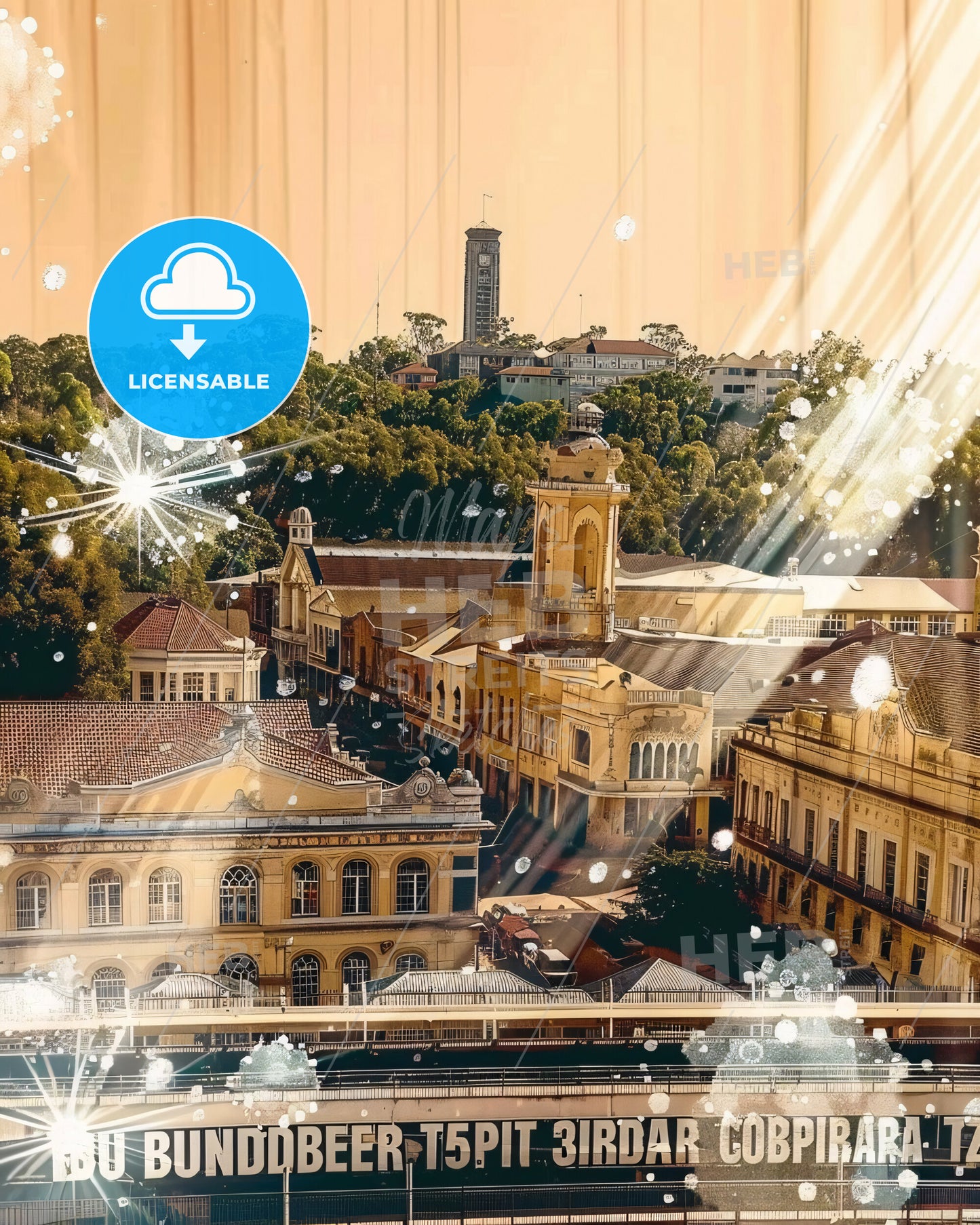 Bundaberg Skyline Composite Double Exposure - A city with many buildings and trees