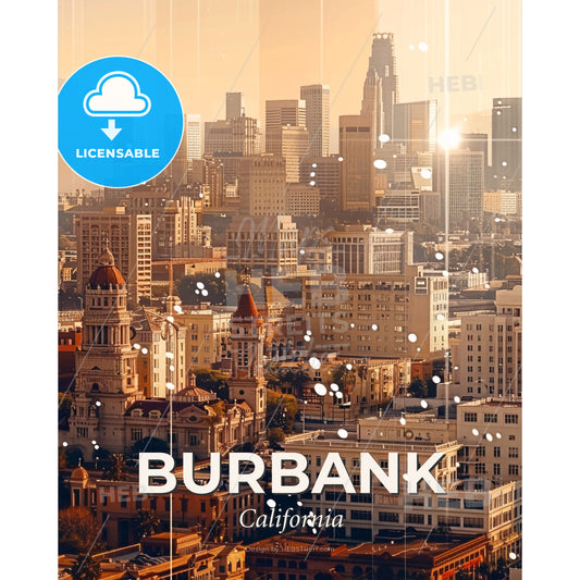 Burbank City Skyline Double Exposure Art - A city with many buildings - Square format print template