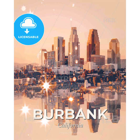 Burbank Skyline Composite Art City Iconic Architecture - A city with many buildings and trees reflected in water - Square format print template