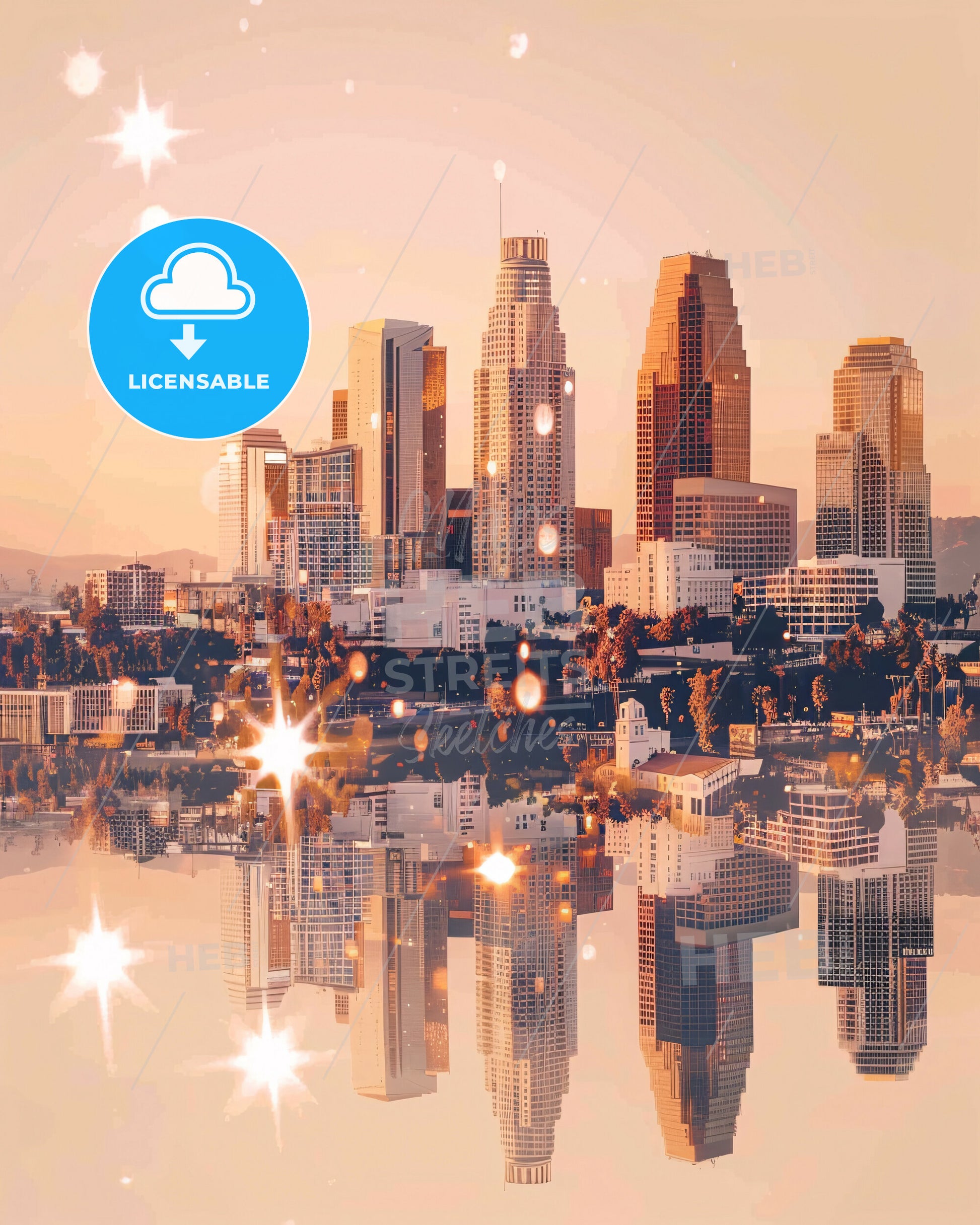 Burbank Skyline Composite Art City Iconic Architecture - A city with many buildings and trees reflected in water