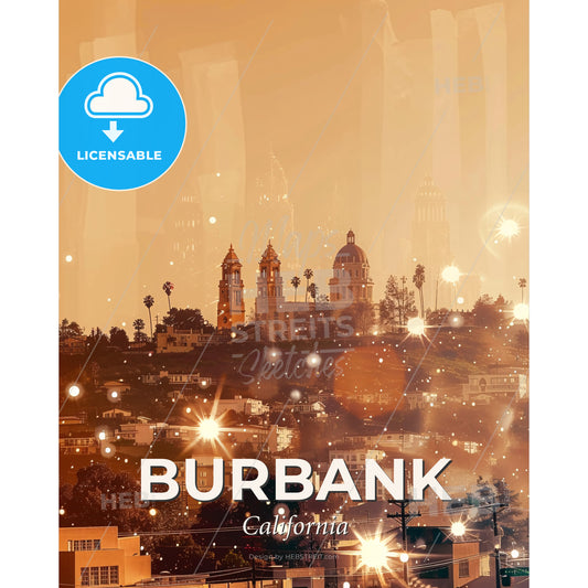 Burbank Skyline Composite Double Exposure Art - A city with many buildings and lights - Square format print template