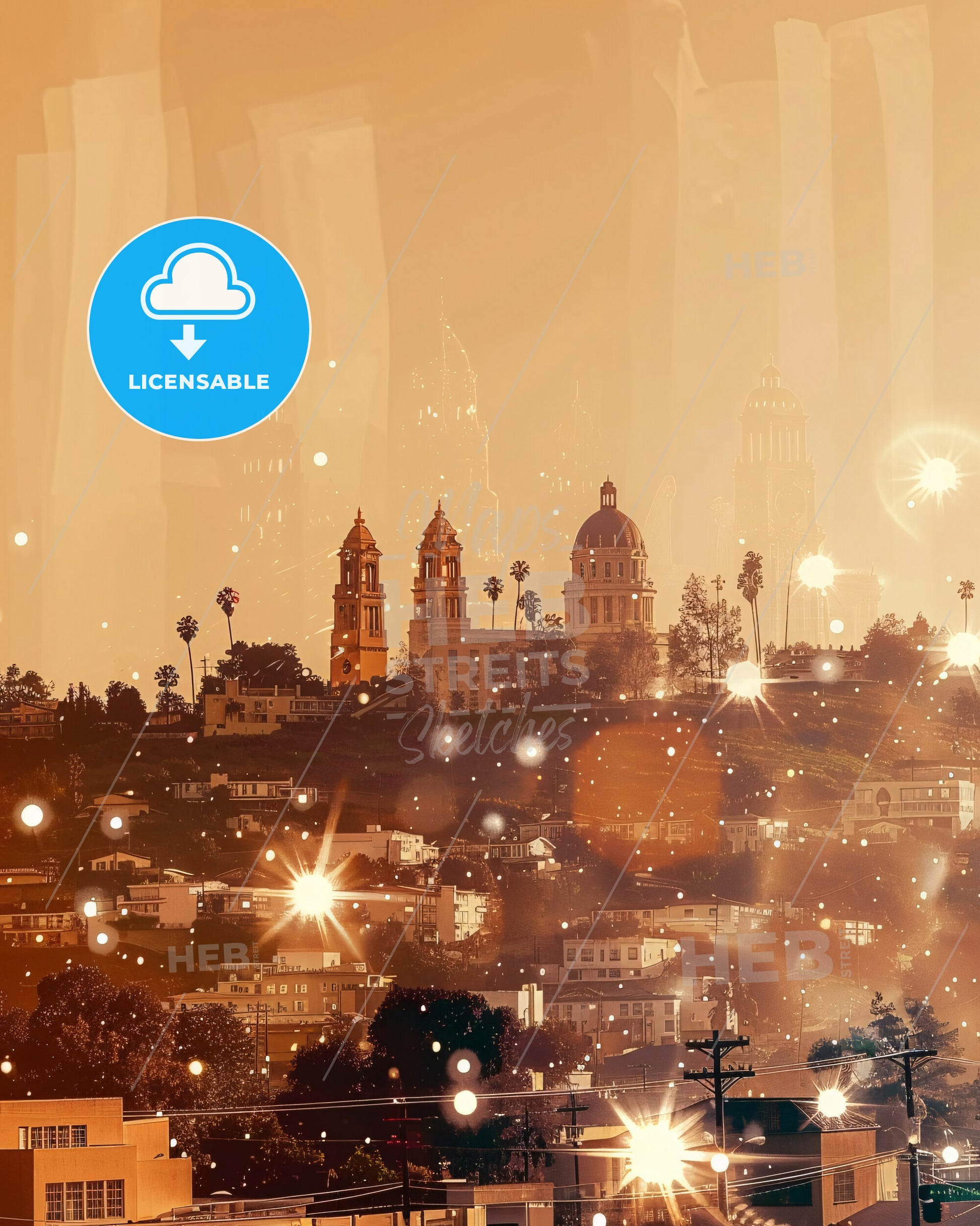 Burbank Skyline Composite Double Exposure Art - A city with many buildings and lights