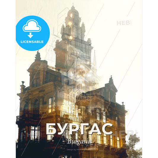 Burgas Double Exposure Skyline Art Print - A double exposure of a building - Square format print template