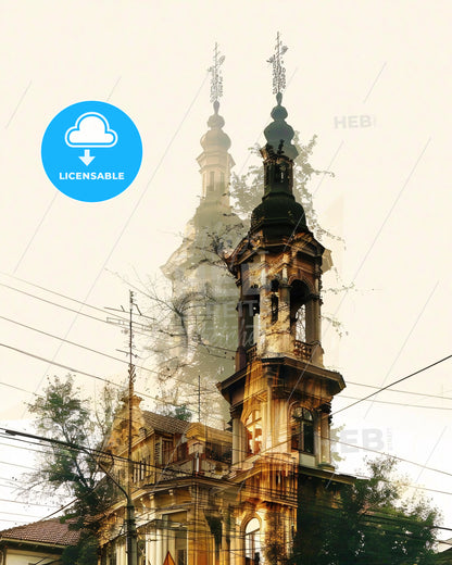 Burgas Artistic Cityscape Double Exposure Poster - A building with a tower and trees