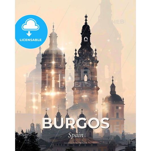 Burgos City Skyline Art Poster - Composite Local Landmarks - A large building with towers and spires - Square format print template