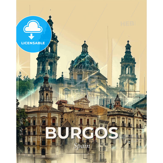 Burgos, Spain: City Skyline Poster of Local Icons - A group of buildings with towers and a reflection of the sun - Square format print template