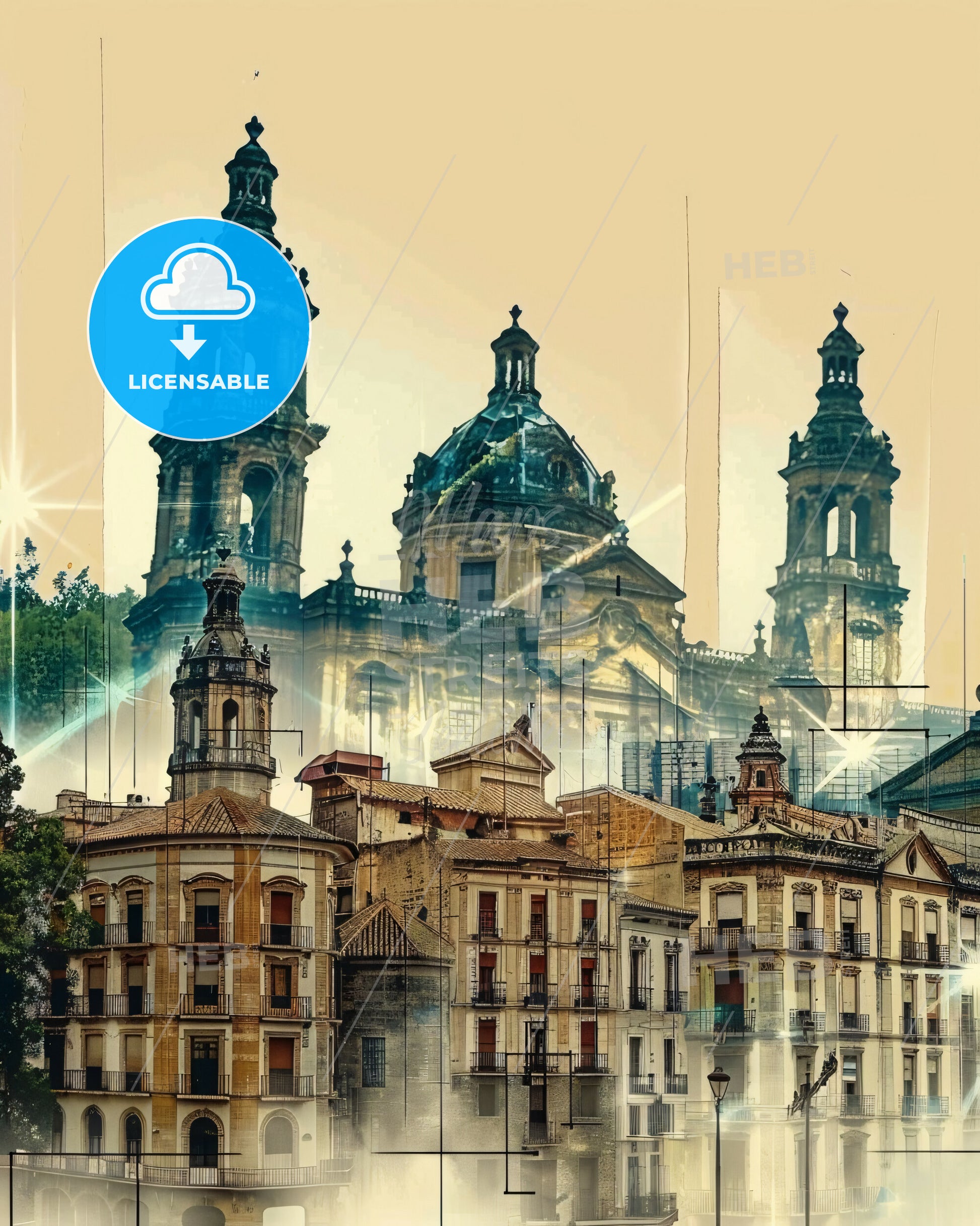 Burgos, Spain: City Skyline Poster of Local Icons - A group of buildings with towers and a reflection of the sun