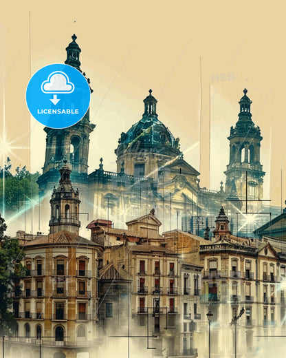 Burgos, Spain: City Skyline Poster of Local Icons - A group of buildings with towers and a reflection of the sun