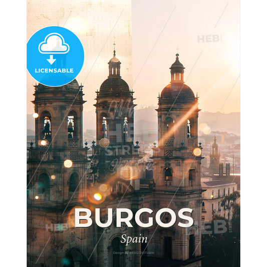 Burgos: City Skyline Architectural Sparkle - A large building with towers and domes - Square format print template