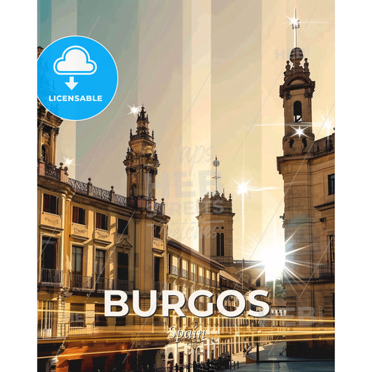 Burgos Skyline Composite Art Cityscape Poster - A building with towers and a street with a light shining through - Square format print template