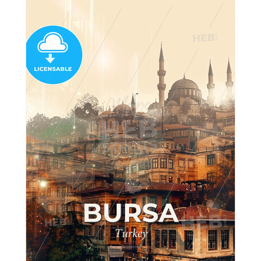 Bursa Horizon: City Icons on Beige - A city with many buildings - Square format print template