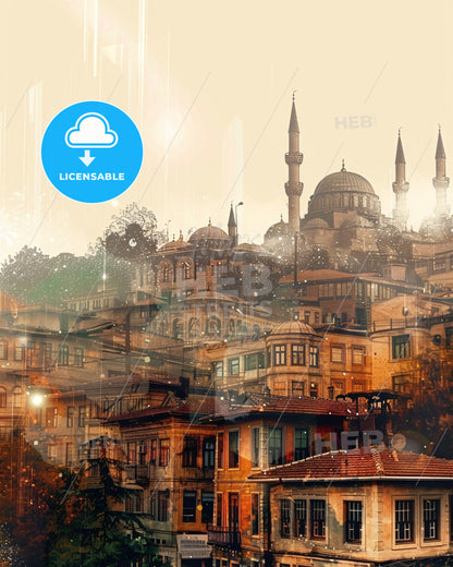 Bursa Horizon: City Icons on Beige - A city with many buildings