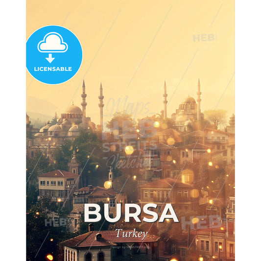 Bursa, Turkey: City Icons in a Unique Double Exposure - A city with many buildings and trees - Square format print template