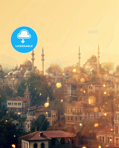 Bursa, Turkey: City Icons in a Unique Double Exposure - A city with many buildings and trees
