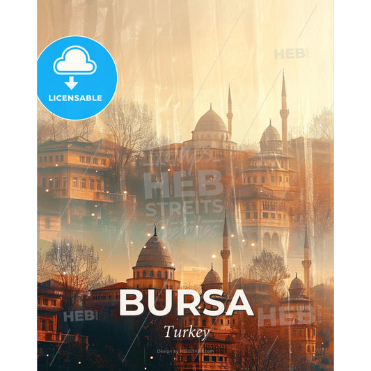 Bursa Cityscape Double Exposure Skyline Art - A city with towers and towers - Square format print template