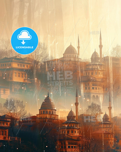 Bursa Cityscape Double Exposure Skyline Art - A city with towers and towers