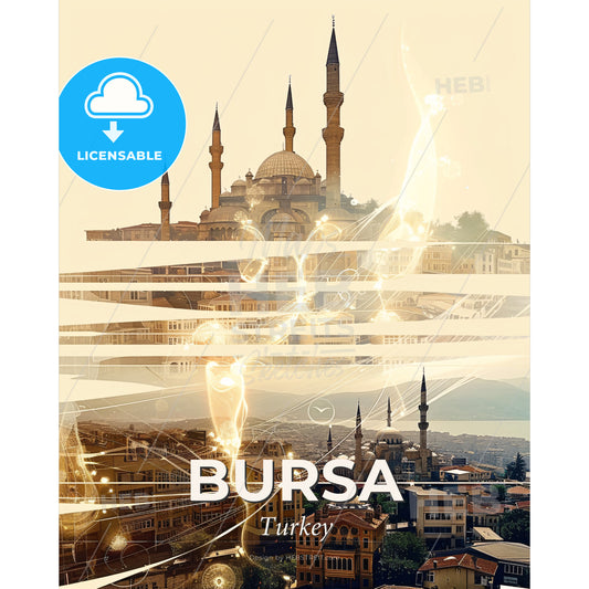 Bursa City Skyline Poster Art with Icons - A city with a building and a city with a light effect - Square format print template