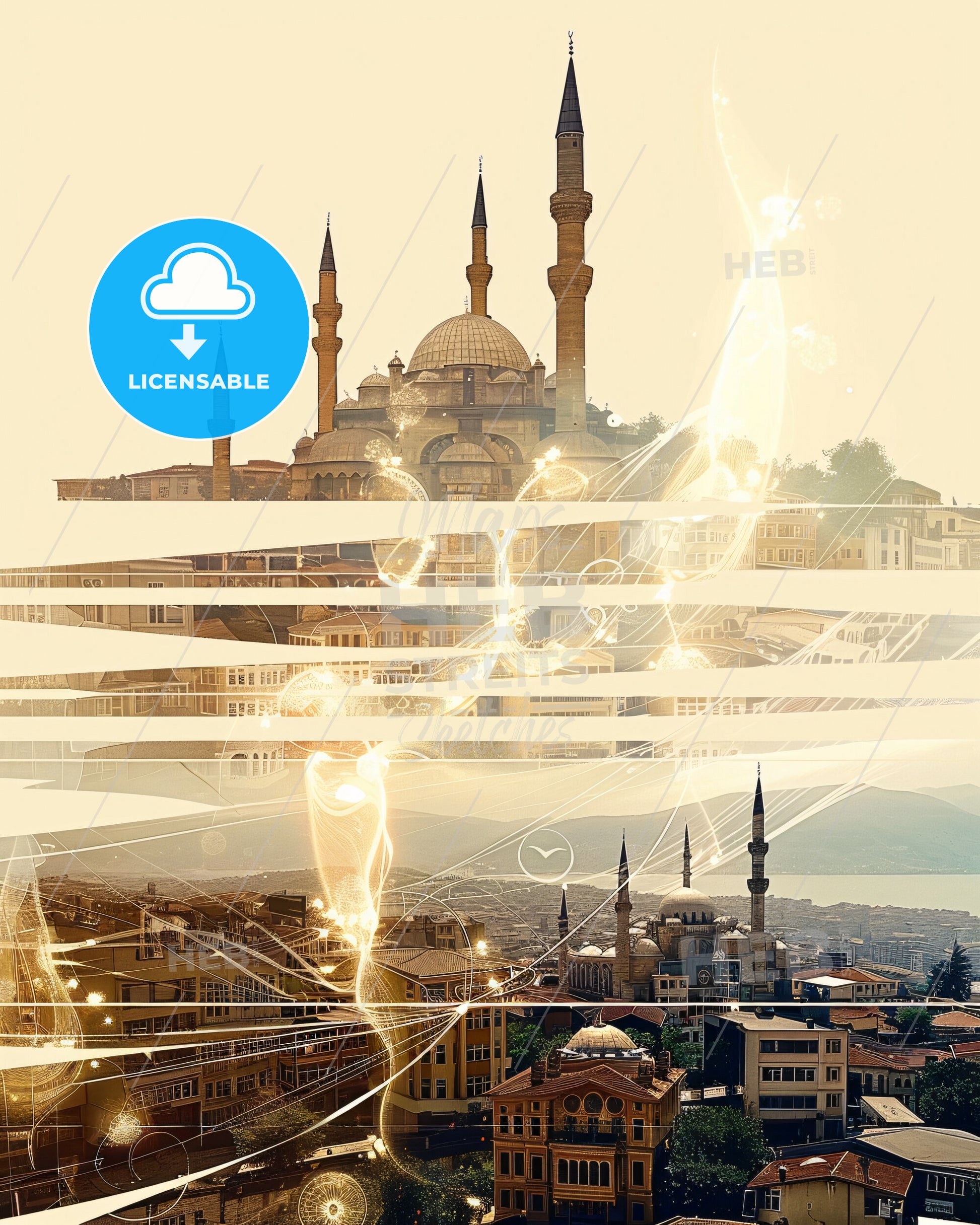 Bursa City Skyline Poster Art with Icons - A city with a building and a city with a light effect