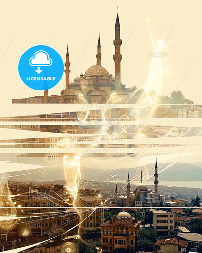 Bursa City Skyline Poster Art with Icons - A city with a building and a city with a light effect
