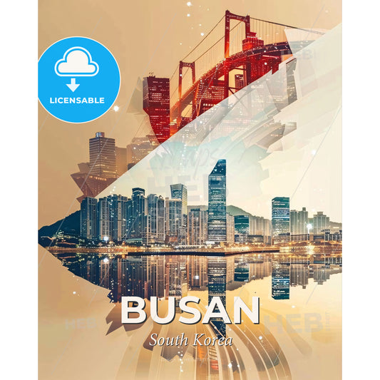 Busan Double Exposure Architecture Skyline Poster - A city with a bridge over water - Square format print template