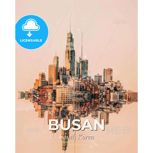 Busan Skyline: Local Icons in Double Exposure - A city with many tall buildings reflected in water - Square format print template