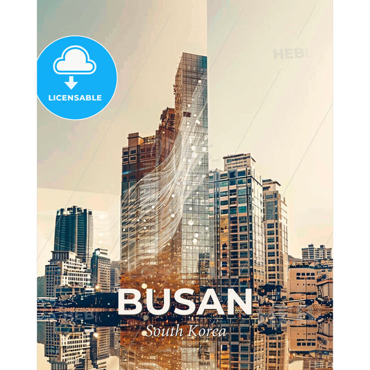 Busan: Double Exposure Skyline Poster Art - A city with a body of water - Square format print template