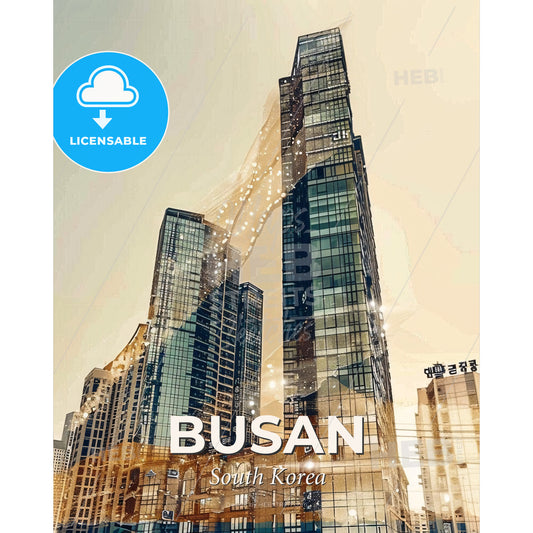 Busan Cityscape Skyline Double Exposure Art Poster - A double exposure of a city - Square format print template