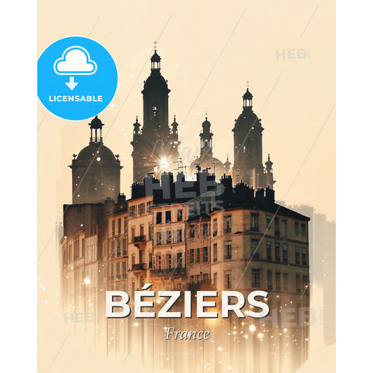 BÃ©ziers Skyline Double Exposure Art Poster - A building with many towers and a light in the background - Square format print template