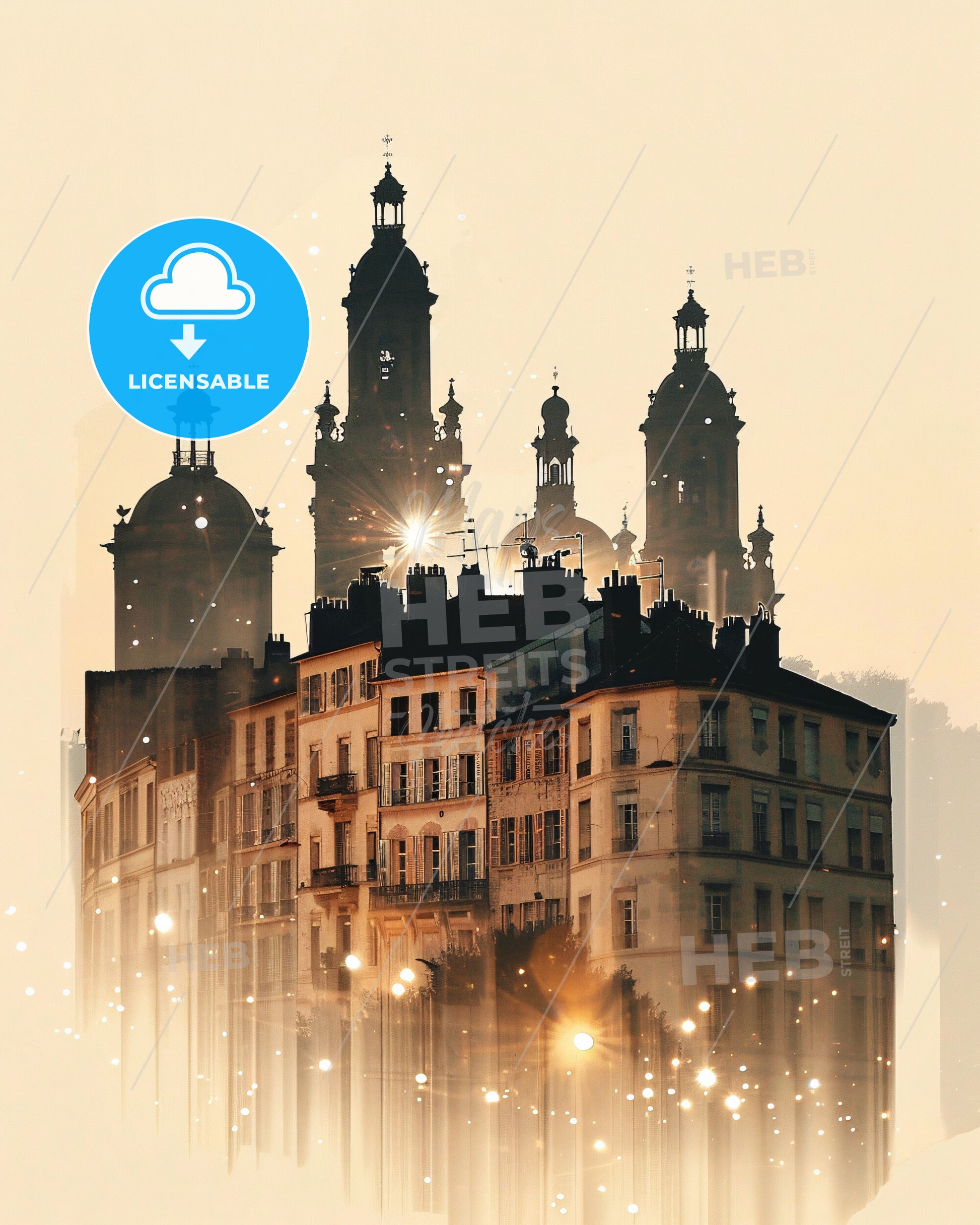 BÃ©ziers Skyline Double Exposure Art Poster - A building with many towers and a light in the background