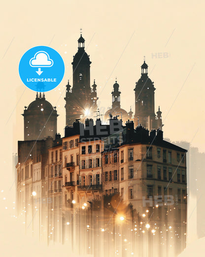 BÃ©ziers Skyline Double Exposure Art Poster - A building with many towers and a light in the background