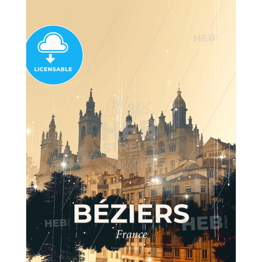 Béziers Double Exposure Skyline Art Poster - A building with towers and trees - Square format print template