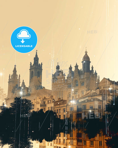 Béziers Double Exposure Skyline Art Poster - A building with towers and trees